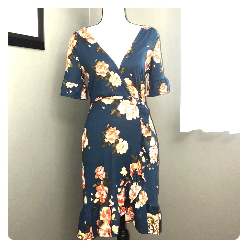 (S) dark teal floral dress